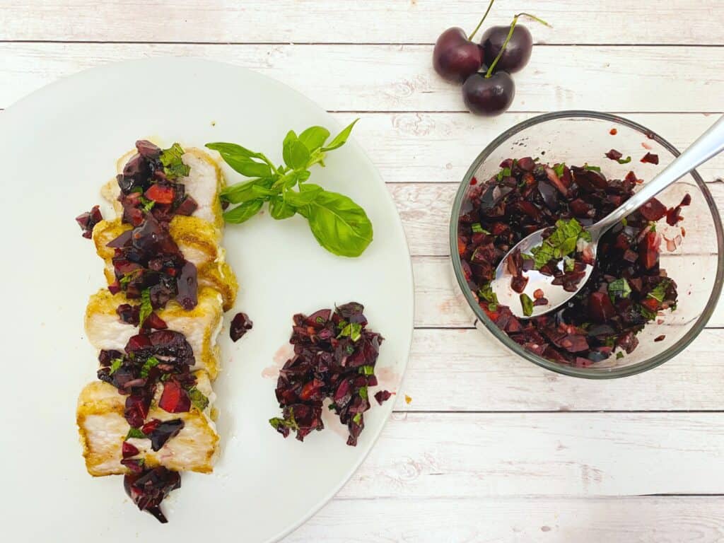 pan-seared pork tenderloin topped with fresh cherry-basil-mint salsa