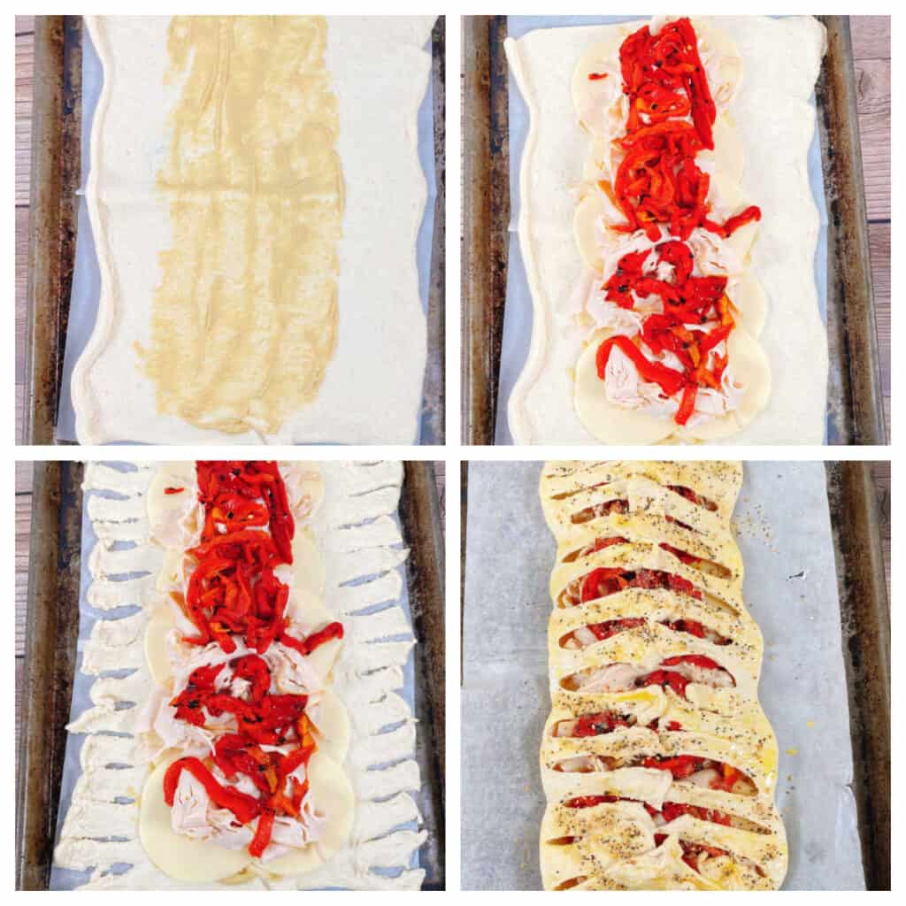 step by step images of making the braided turkey and red pepper sandwich