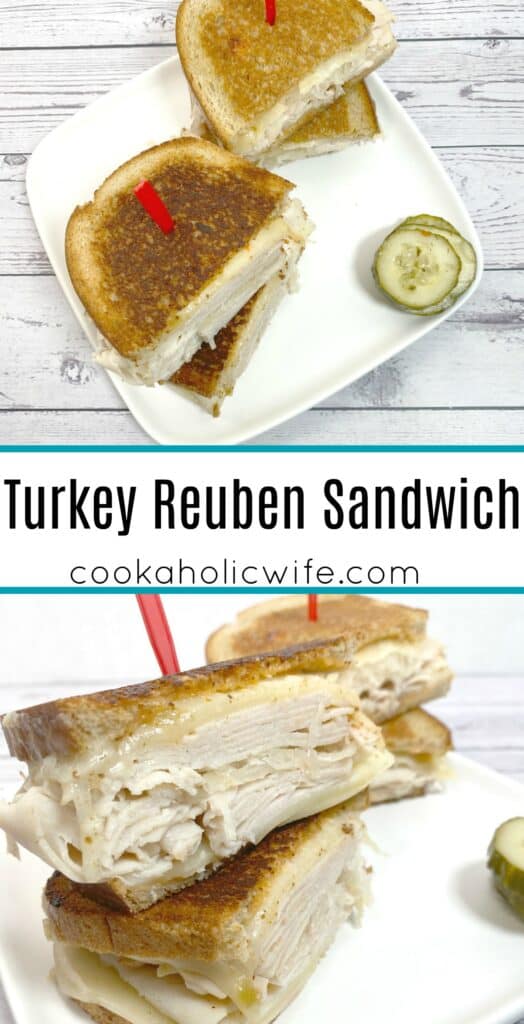 grilled turkey reuben sandwich on white plate with white wooden background