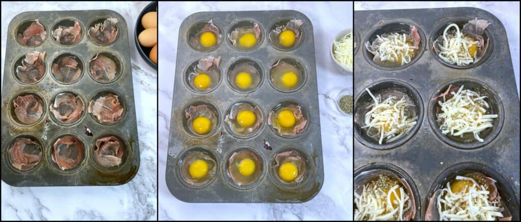 step by step prosciutto egg cups. 1. Spray a muffin pan with non-stick. Layer a slice of prosciutto into each. 2. Crack the egg into each cavity of the muffin pan. 
3. Sprinkle shredded mozzarella on top of each, followed by Italian Seasoning. 