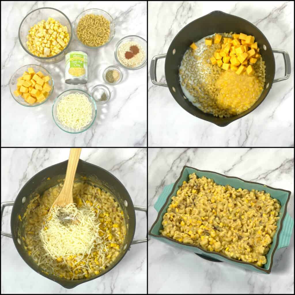 step by step ingredient shots of how to make corn macaroni and cheese casserole 