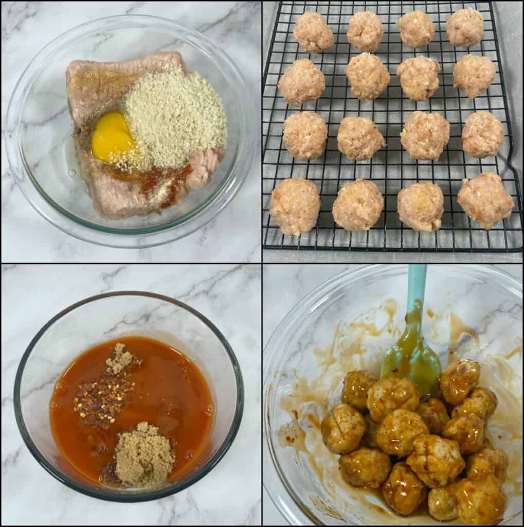 four step by step images of how to make firecracker chicken meatballs