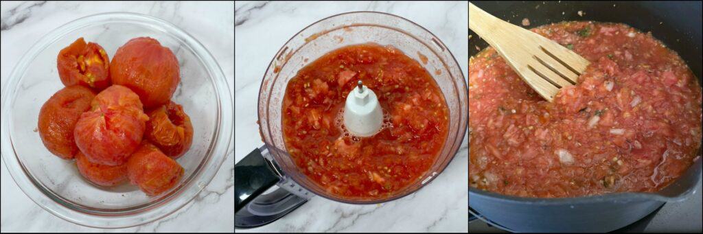 step by step pictures to make homemade tomato sauce - peeled tomatoes, pureed tomatoes, and tomatoes cooking down with other ingredients