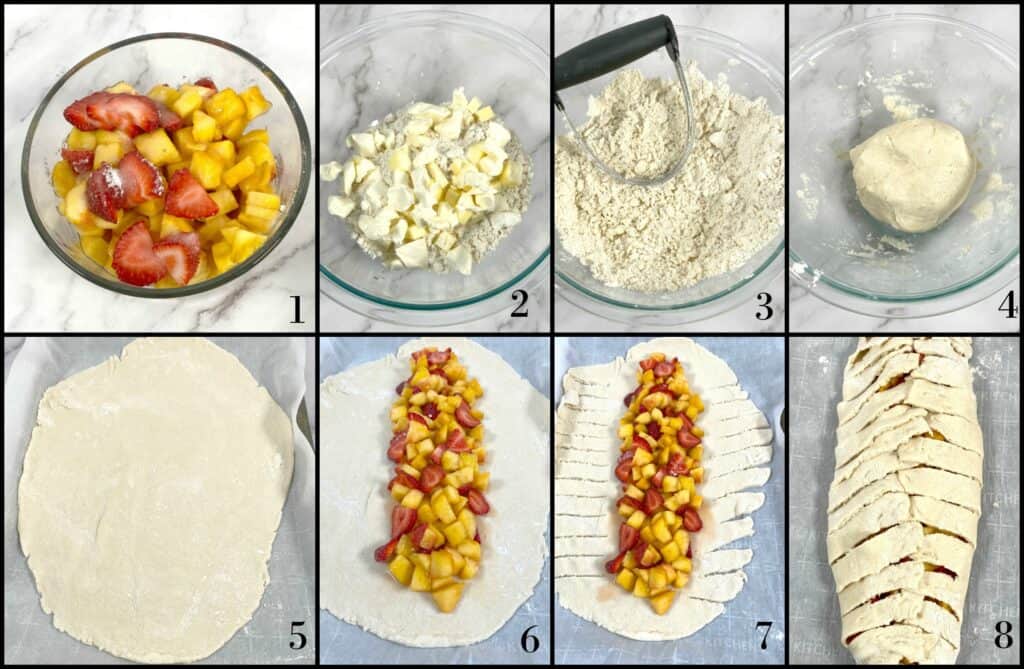 step by step visual instructions of how to make peach and strawberry breakfast braid