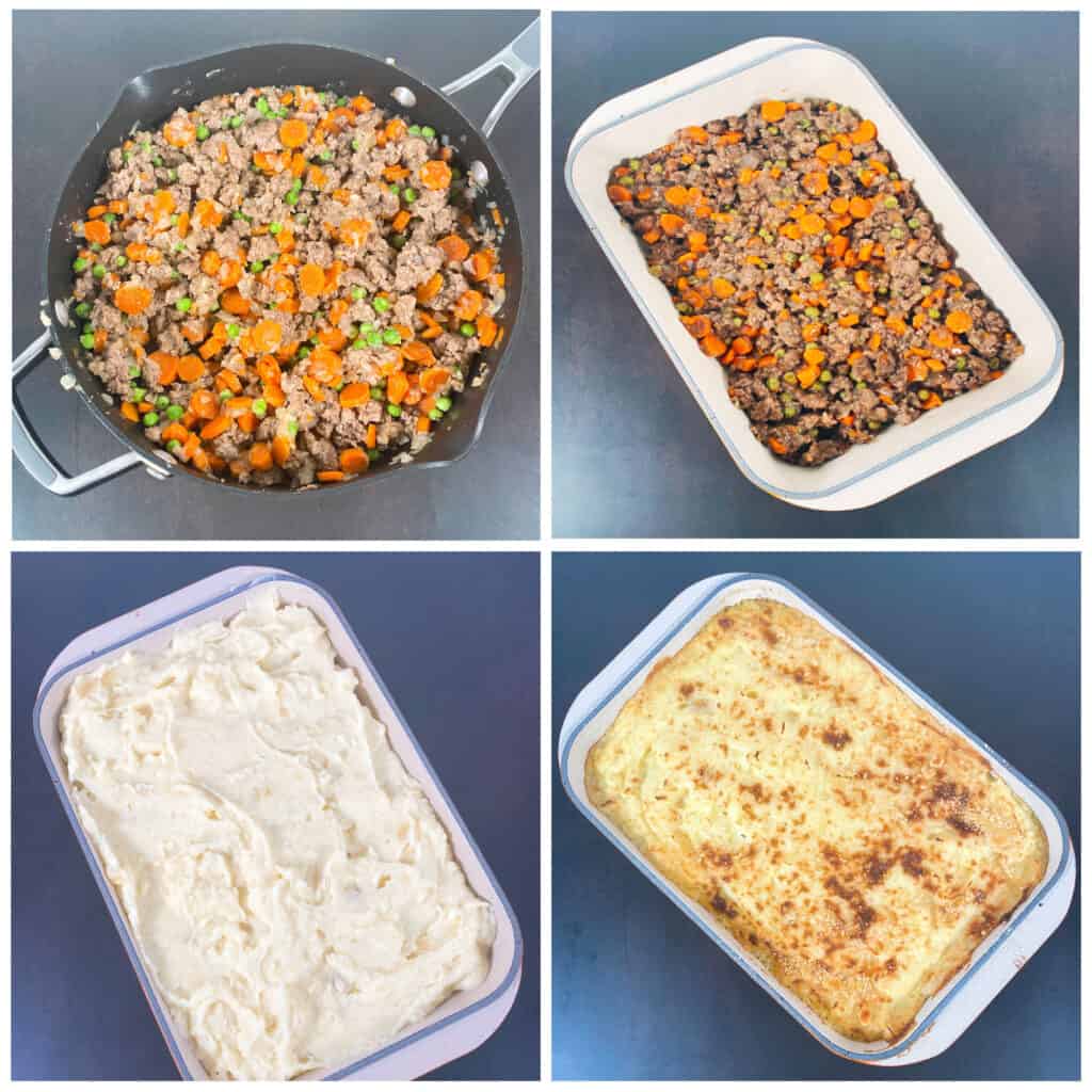 Step by step images of how to prepare traditional shepherd’s pie. 1. Cooked meat and veggies in saucepan. 2. Cooked meat and veggies in casserole dish. 3. Casserole dish topped with cheesy mashed potatoes. 4. Casserole dish, baked, with golden brown cheesy mashed potatoes. 