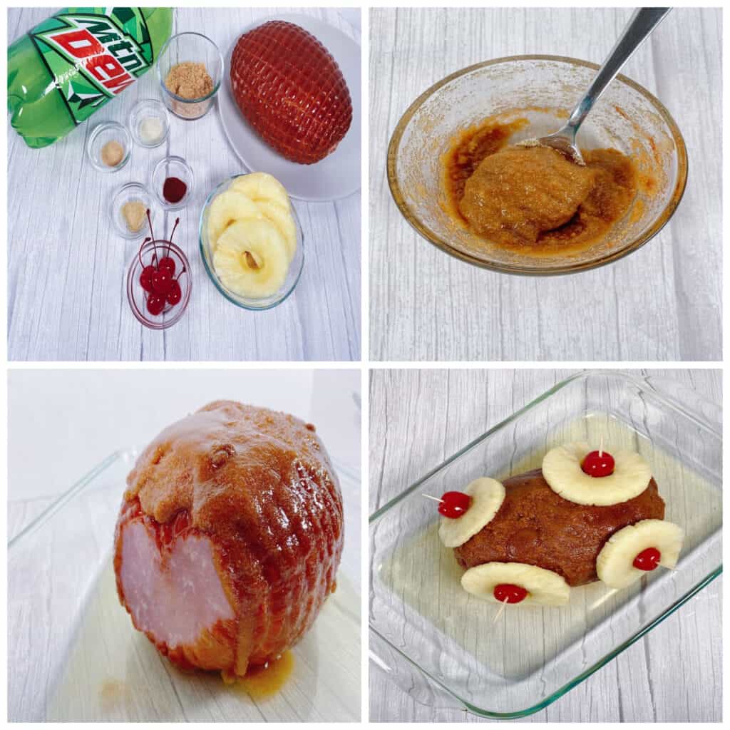 Step by step instructions for making a brown sugar mountain dew ham - whisking up the glaze, adding to the ham, attaching pineapple and cherries, baking 