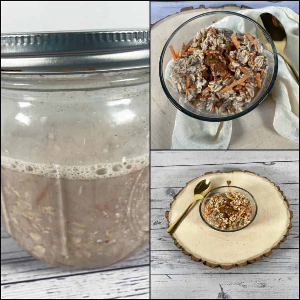 collage of carrot cake overnight oats. First picture is mixed ingredients in a mason jar. Top right image is the oats in a glass bowl with a gold spoon and ivory napkin. Bottom right is oats in a glass bowl on top of a wooden log. 