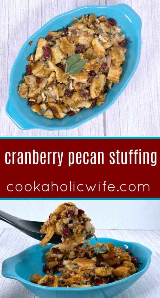 Cranberry pecan stuffing in a teal dish 