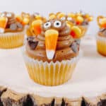 vanilla cupcake with chocolate frosting is decorated to look like a turkey using pretzels, candy corn and candy eyes.