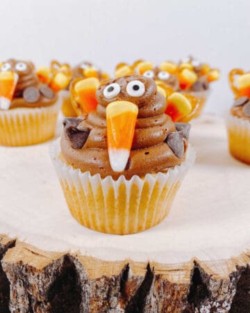 vanilla cupcake with chocolate frosting is decorated to look like a turkey using pretzels, candy corn and candy eyes.