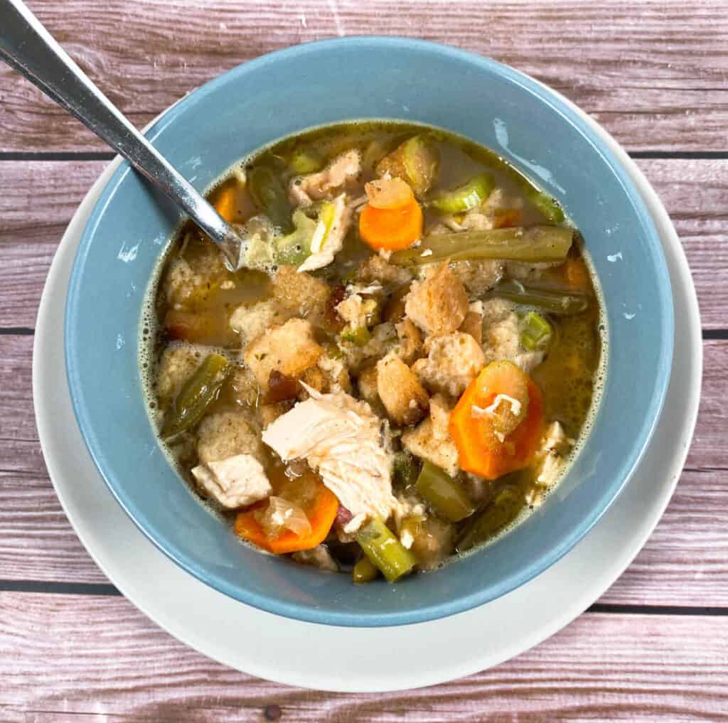 Bowl of leftover turkey dumpling soup – featuring thanksgiving leftovers