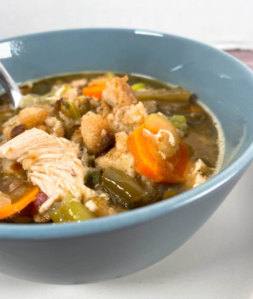 Bowl of leftover turkey dumpling soup – featuring thanksgiving leftovers