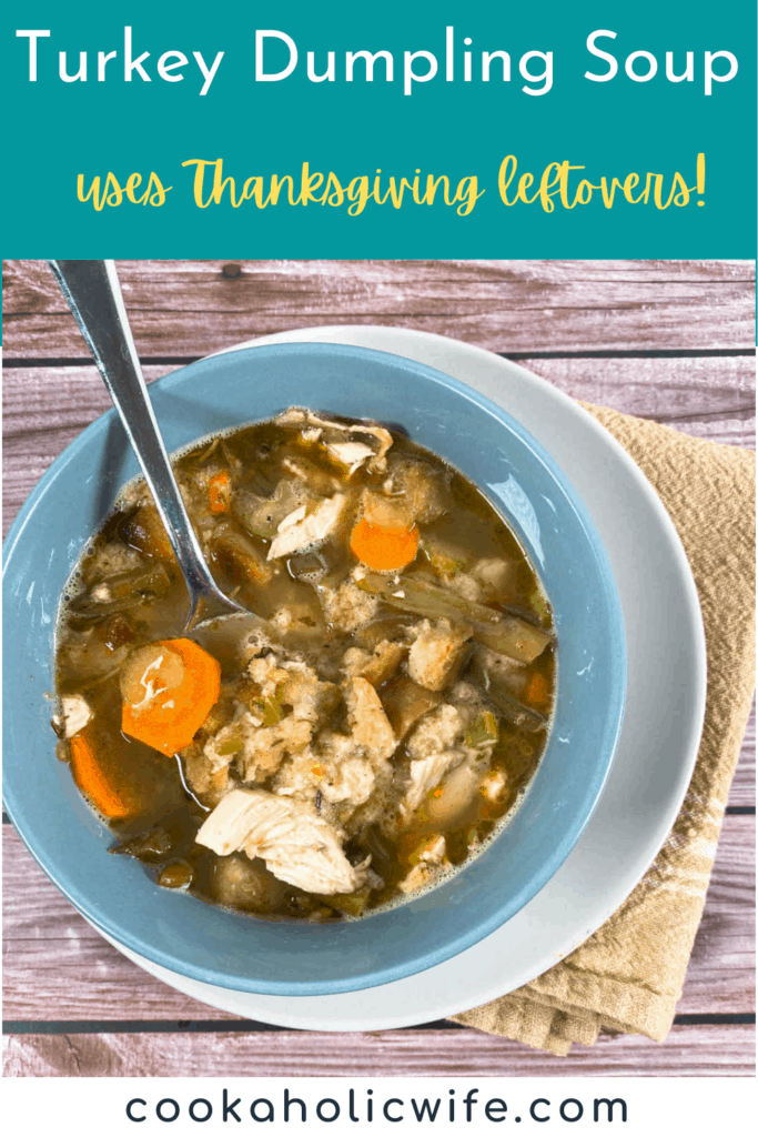 Bowl of leftover turkey dumpling soup – featuring thanksgiving leftovers
