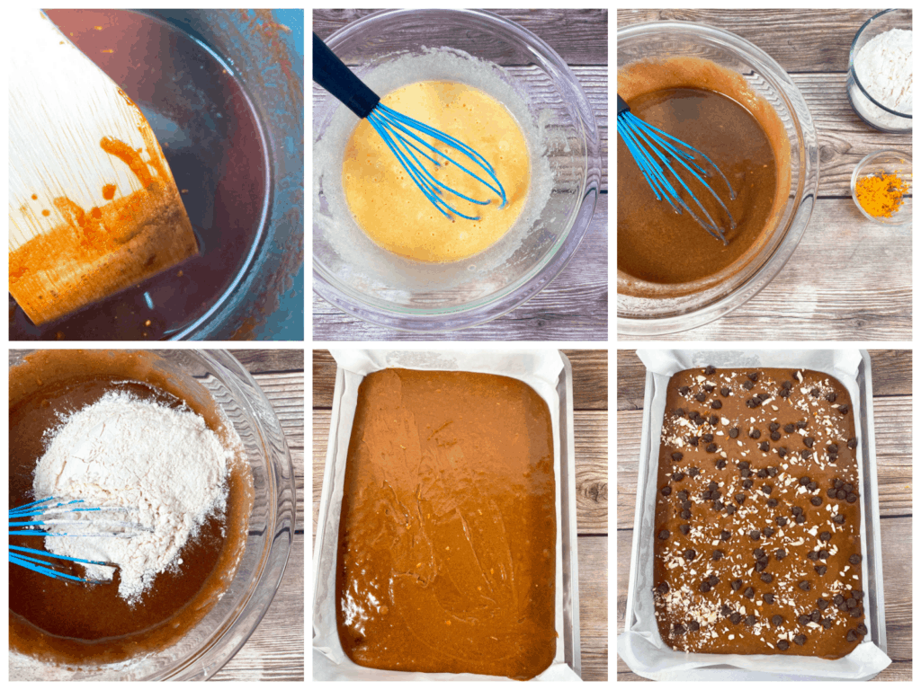 step by step instructions for making almond orange brownies. 1. Melt butter and chocolate. 2. Whisk egg and sugar together. 3. Slowly add chocolate to egg and sugar mixture. 4. Whisk in flour, orange zest and salt. 5. Spread into baking pan. 6. Top with chocolate chips and slivered almonds. Bake ar 350 for 25-30 minutes, then let cool before slicing. 