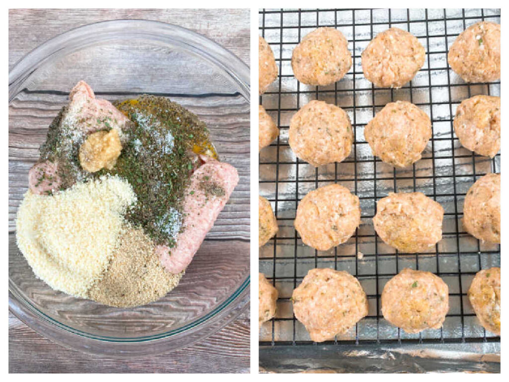 Process shot collage - ingredients to make meatballs in bowl and formed meatballs on wire rack. 