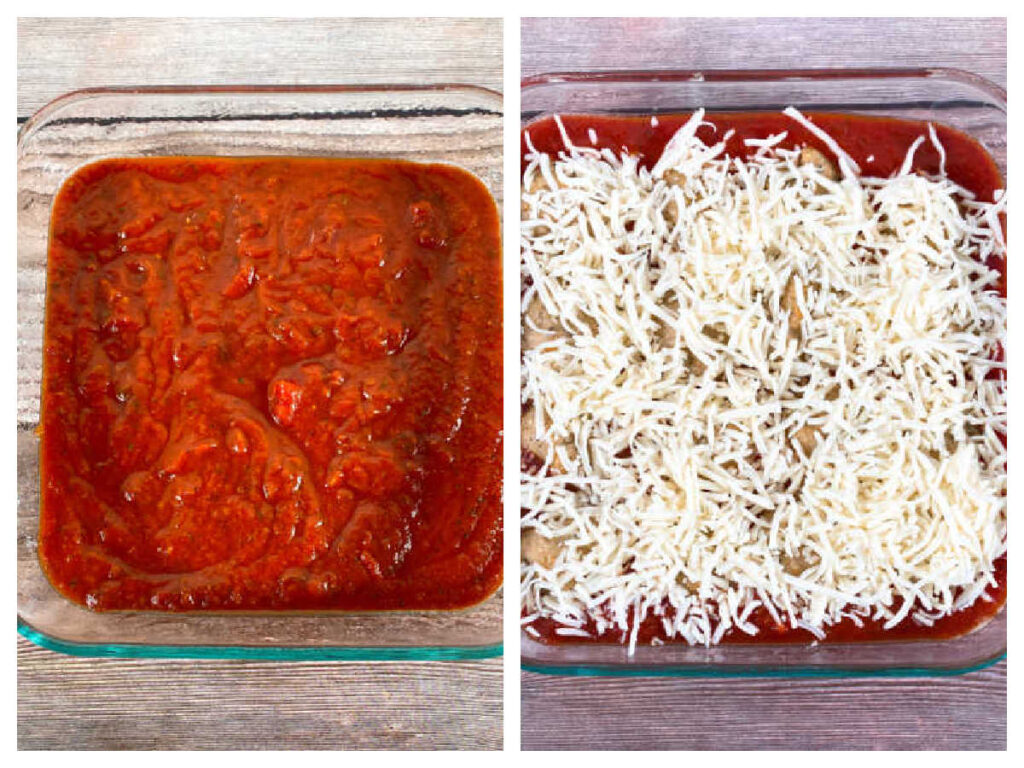 Process shot collage - sauce in baking dish and meatballs in sauce covered in cheese.