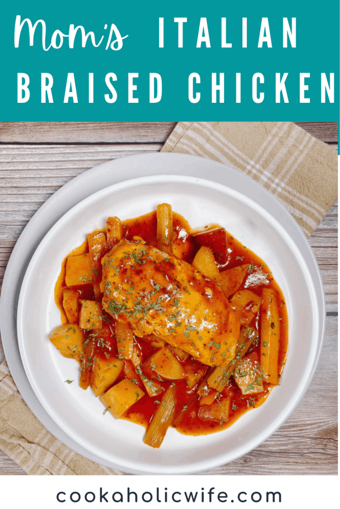 on a wooden background with a tan napkin sits a white bowl of braised chicken; chicken, carrots, celery and potatoes in a tomato broth.