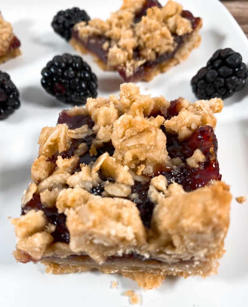 blackberry oat crumble bars with fresh blackberries around them 