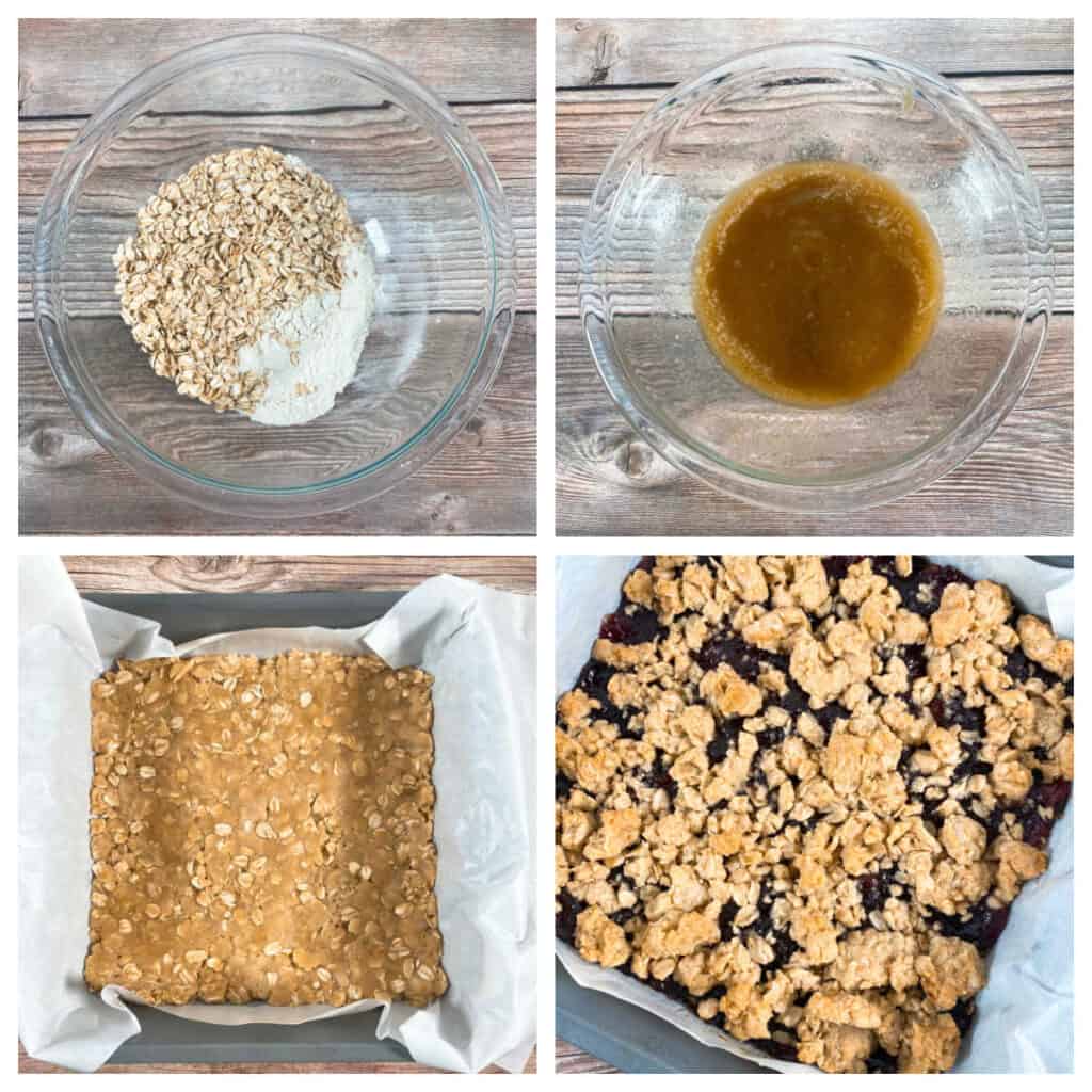 Four images of step by step instructions for making the bars. 1. Combine flour, oatmeal and salt. 2. Melt butter and add both sugars and vanilla. 3. Mix wet and dry together and press ¾ of the mixture into a pan. 4. Spread the blackberry preserves on top and then add the remaining ¼ cup of crumble mixture. 