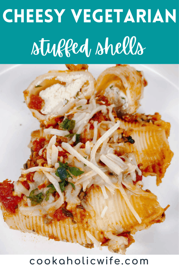 Stuffed shells, filled with a combination of ricotta, Parmesan and mozzarella cheese sit on a white plate with mushroom marinara sauce and fresh parsley on top. 