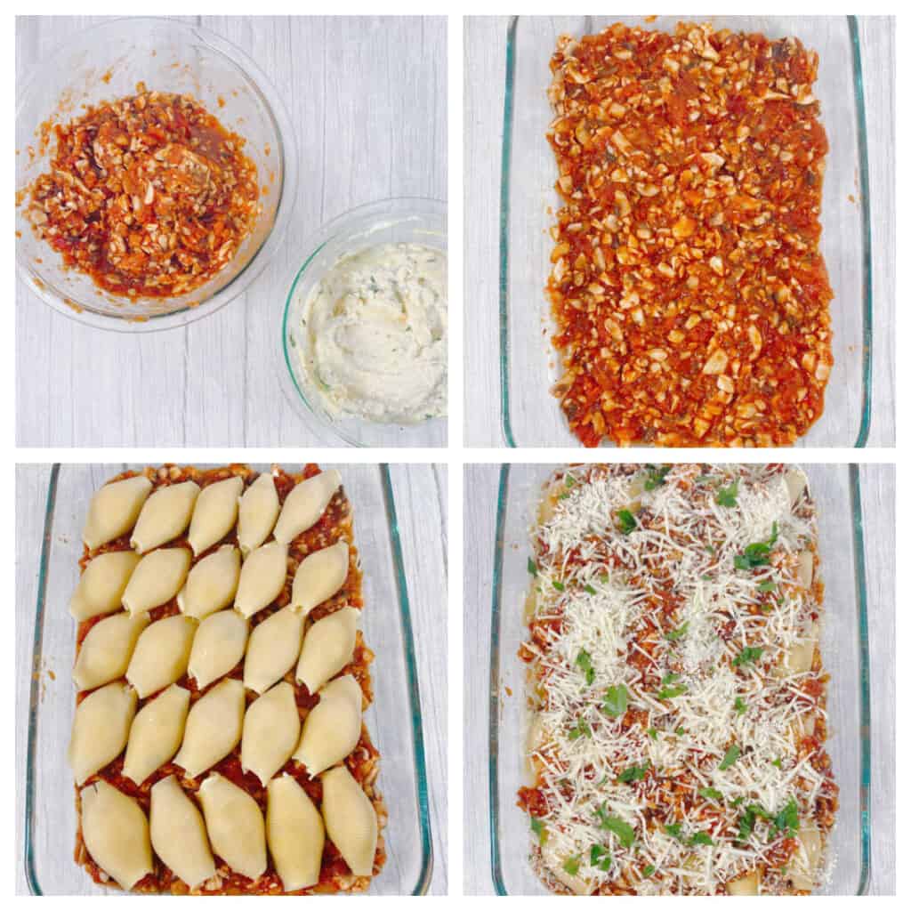 4 images of step by step ingredients to cook cheesy vegetarian stuffed shells. Top left: in one bowl, marinara sauce and chopped mushrooms are mixed together. In another bowl the filling ingredients are mixed together. Top right: sauce is spread into a 9x13 baking dish. 
Bottom left: filled shells are placed in the baking dish. Bottom right: remaining sauce, cheese and parsley are on top of the stuffed shells and are ready to bake. 