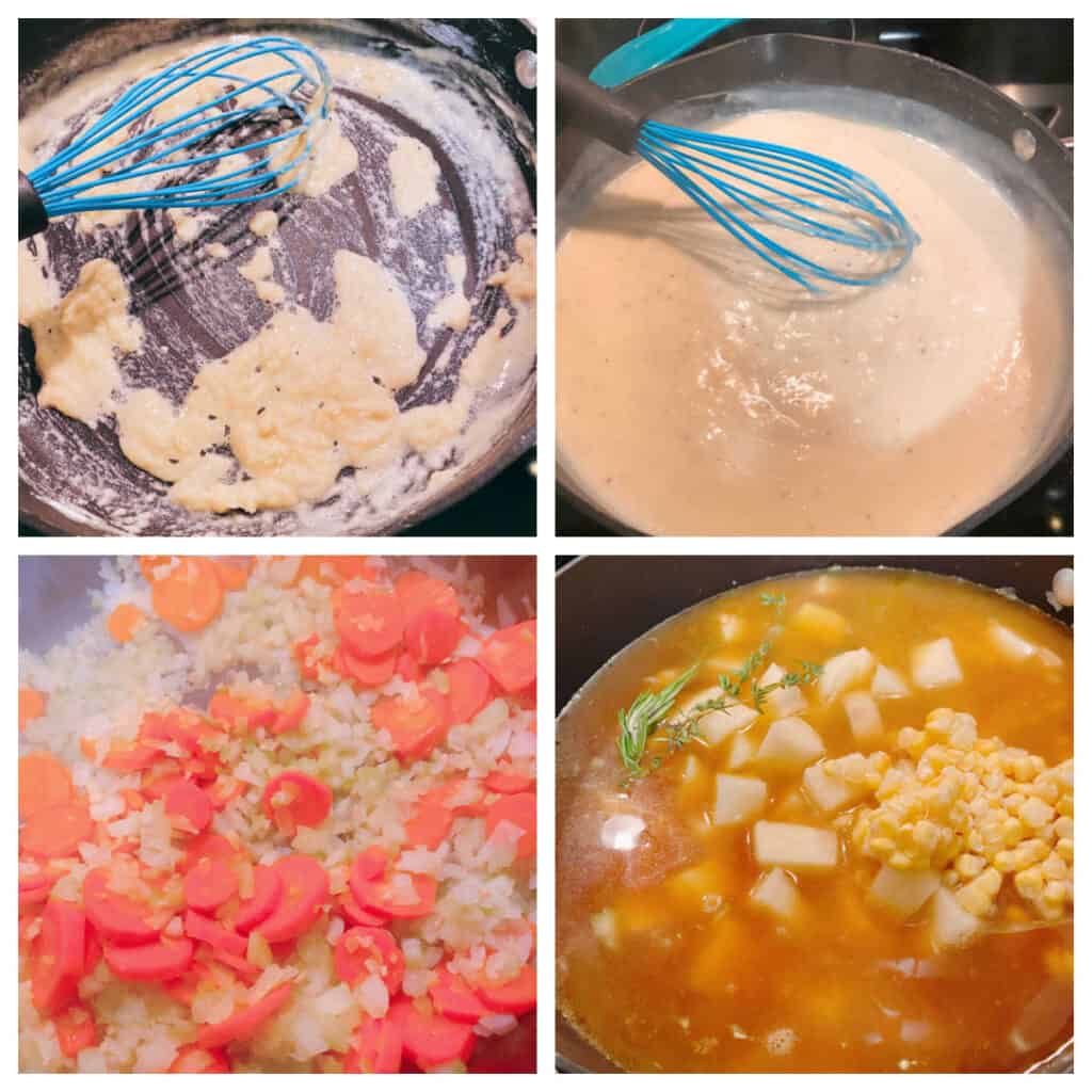 Image collage of instructions for making the soup. Top left: Whisking flour into the melted butter for the roux. Top right: Whisking the roux after milk and cheese has been added. Bottom left: carrots, onion and celery sauteing in olive oil in a stock pot. Bottom right: Nearly done soup, with cooked potatoes floating at a top, corn being added and herbs sitting on top of the broth. 