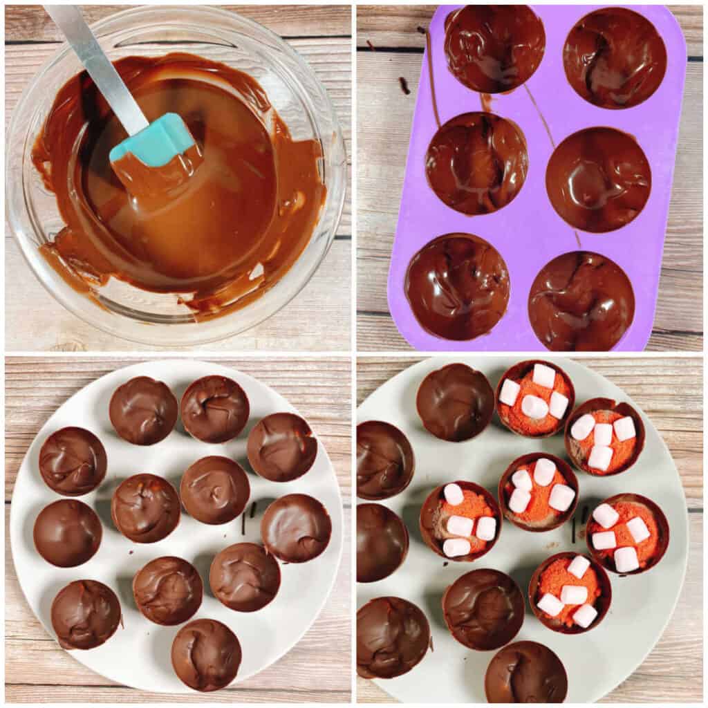4 image collage of step by step instructions for strawberry hot chocolate bombs. Top Left: melt the chocolate almond bark until smooth. Top Right: Spoon the melted chocolate into the mold, coating the sides well. Bottom left: remove chocolate shells from the mold. Bottom Right: fill half of the molds with the cocoa powder, strawberry powder and mini marshmallows. 