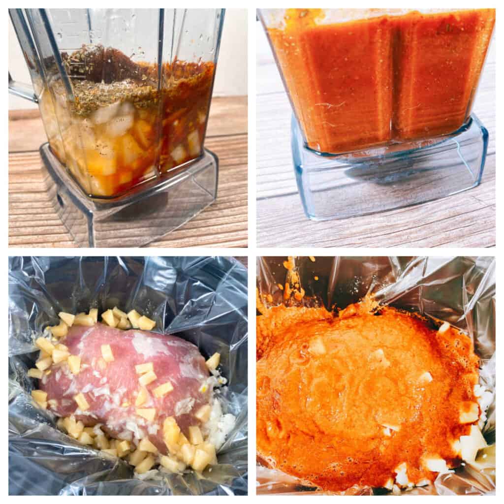 Step by step ingredients for preparing tacos al pastor. 
Top Left: sauce ingredients in a blender. Top right: ingredients in blended up in the blender. Bottom left: Pork, onion and pineapple in a slow cooker. Bottom right: sauce poured over pork in the slow cooker. 