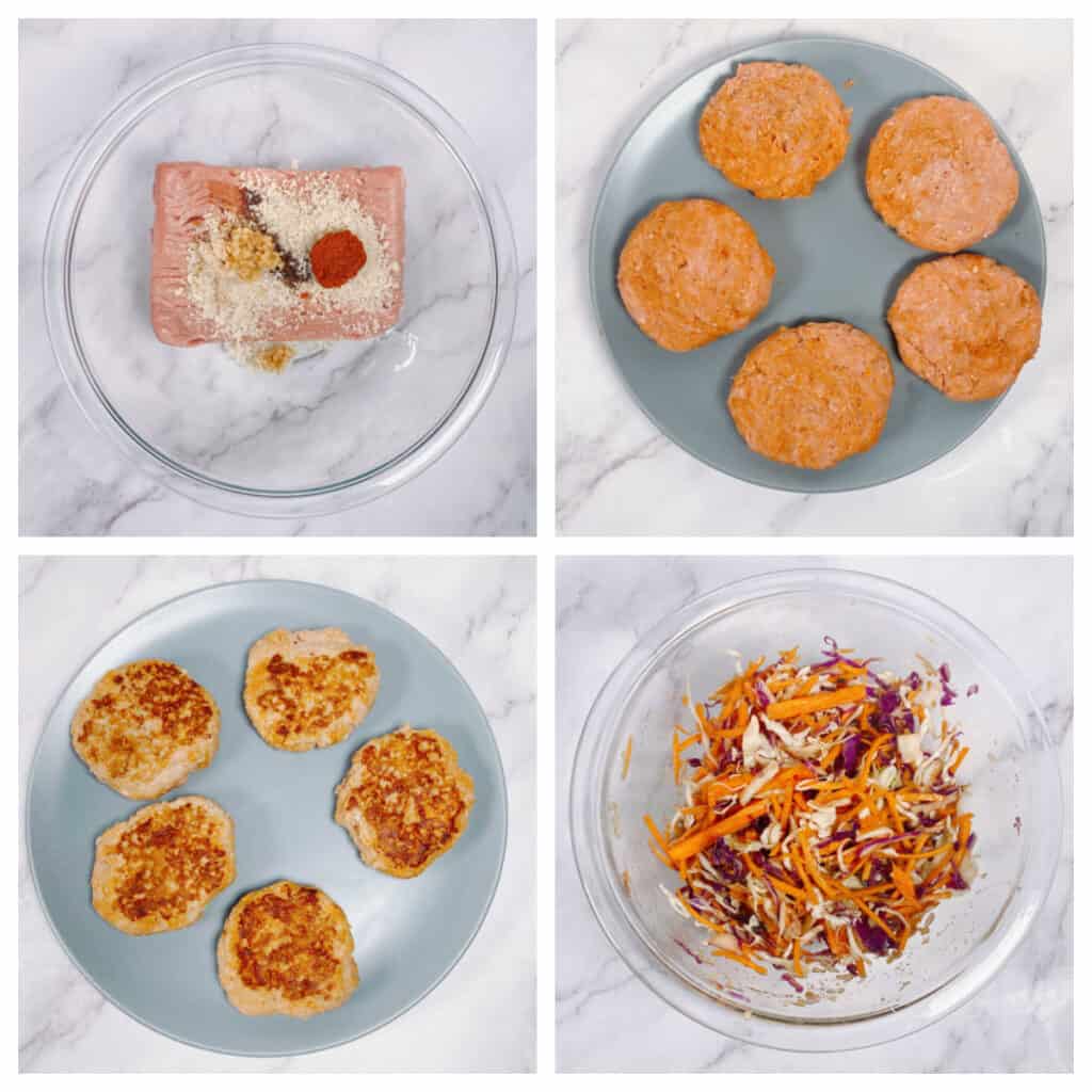 Step by Step instructions for Thai Turkey burgers in 4 photos. Top left: combine ingredients for burgers in a large bowl. Top Right: form into 5 patties. Bottom Left: grill burgers until cooked through. Bottom Right: Combine ingredients for slaw in a large bowl. 