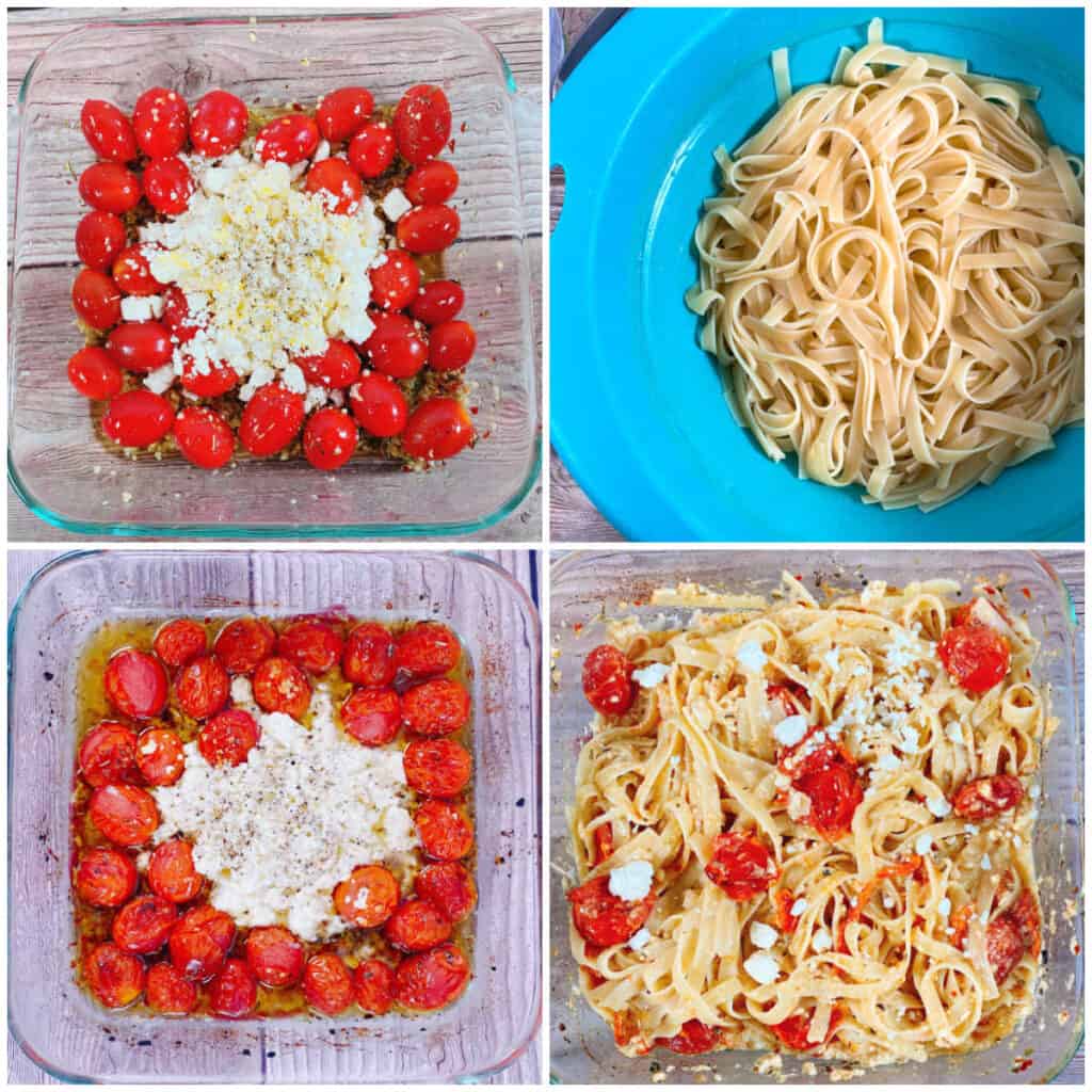 Step by Step Instructions for making this recipe. Top left: toss tomatoes with olive oil, italian seasoning, garlic, salt and pepper. Spread out and place feta cheese in the center. Drizzle with a splash more of olive oil and season with salt and pepper. Top Right: Boil fettuccine pasta according to package directions. Save 1 cup of pasta water, drain the rest and set aside. Bottom left: Bake tomatoes and feta mixture for 30 minutes. Bottom right: Stir cooked pasta into baked tomatoes and feta. 