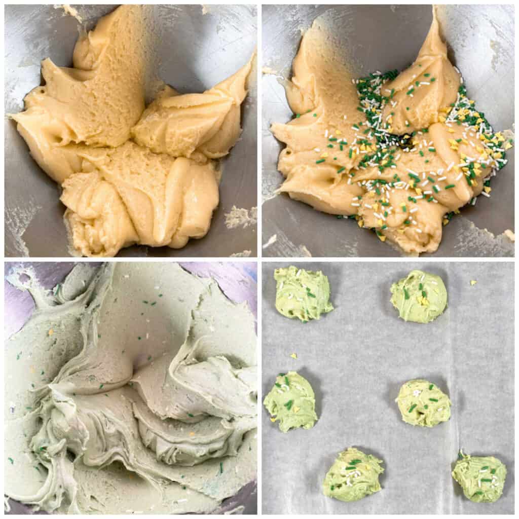 Step by Step Instructions for Irish Cake Mix Cookies. Top left: cake batter, oil and eggs beaten together. Top right: add food coloring and sprinkles. Bottom left: batter tinted green with sprinkles mixed through. Bottom right: scooped balls of cookie dough on parchment paper lined baking sheet. 