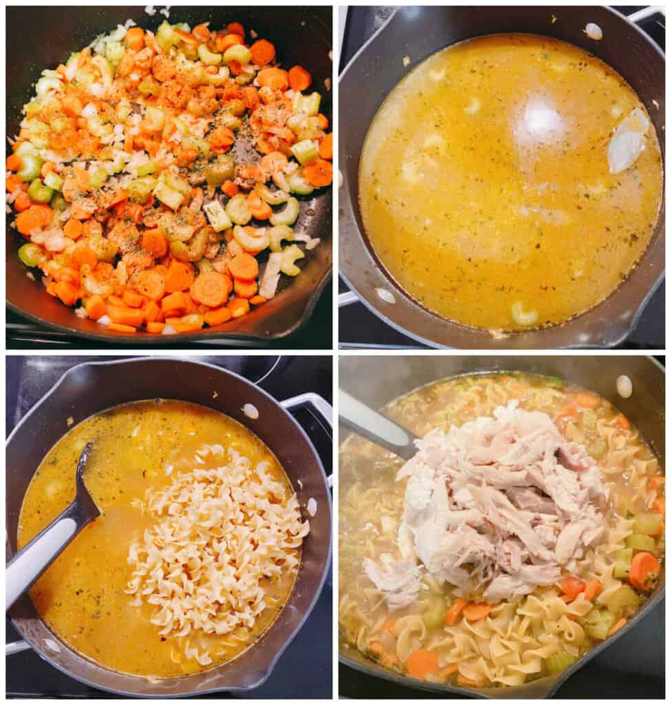 4 image collage of step by step instructions for this soup. Top left: sauteeing the veggies and seasoning. Top right: adding the chicken stock. Bottom left: stirring in the noodles. Bottom right: stirring in the shredded chicken. 