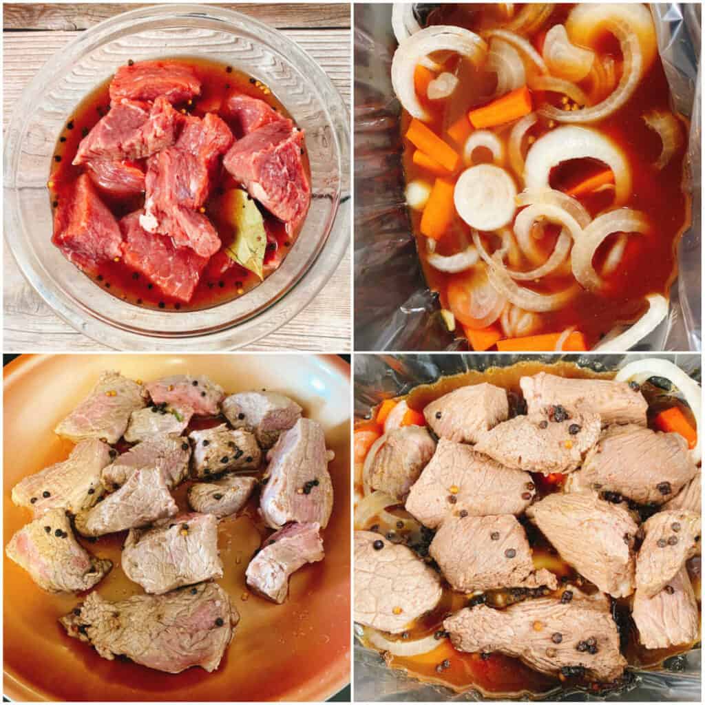 4 photo collage of the steps to make sour beef. Top left: marinating the meat in the vinegar and seasoning. Top right: adding the liquid from the marinade, carrots and onions to a slow cooker. Bottom left: pan searing the beef. Bottom right: adding the beef to the slow cooker. 