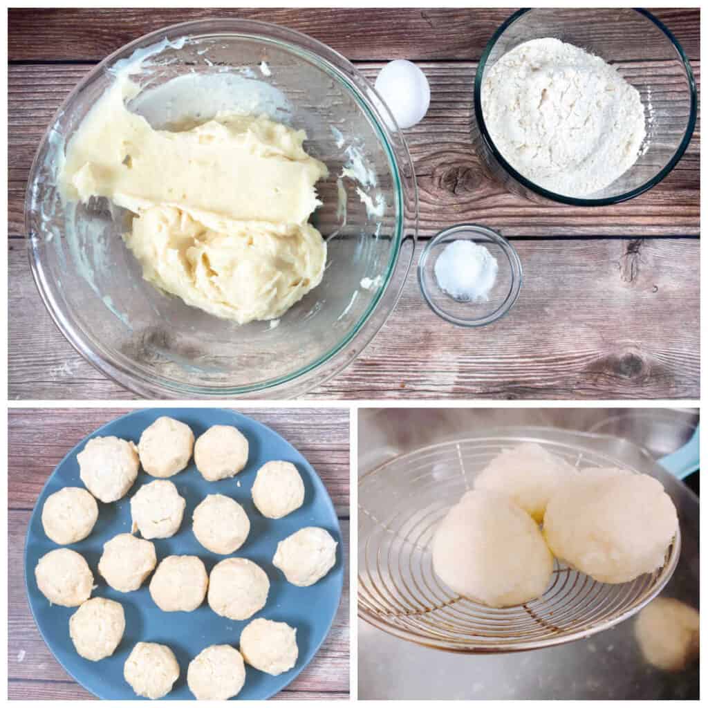 3 photo collage to make the potato dumplings: top image is the already made mashed potatoes with the baking powder, flour and egg nearby. Bottom left image is the dumplings formed and  bottom right image is the dumplings coming out of the pot after boiling. 