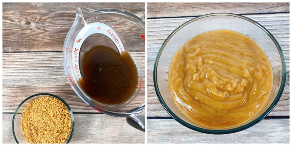 two photo collage of the gravy for sour beef and dumplings. In the first photo is the crushed gingersnap cookies and the liquid from the slow cooker they are dissolved in. Second image is the prepared gravy. 