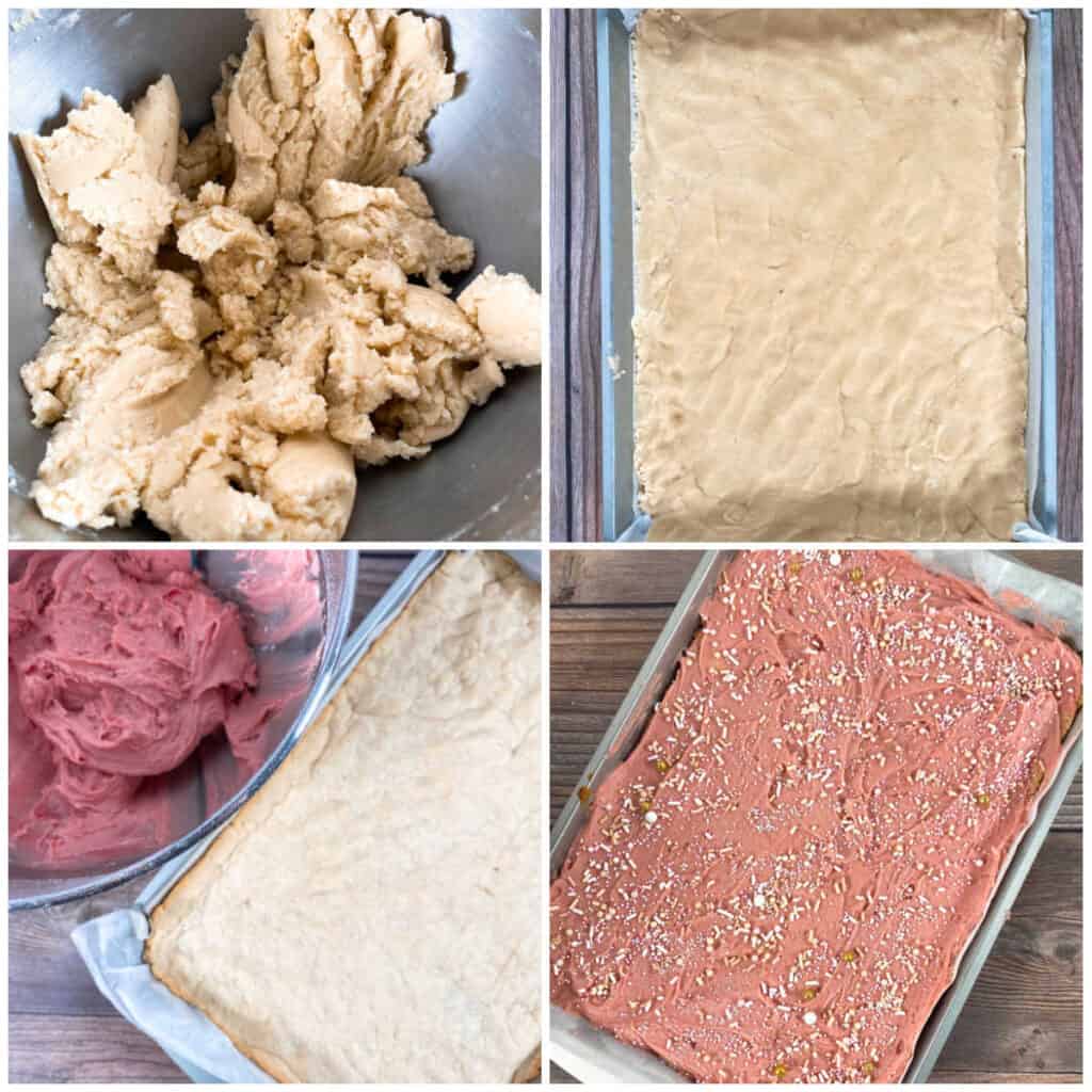 Step by Step Images for strawberries and cream cookie bars Top Left: cookie dough batter mixed together. Top Right: batter pressed into a parchment lined pan. Bottom left: cookie crust baked and strawberry cream frosting in a mixing bowl. Bottom right: frosting spread over the baked crust and topped with sprinkles. 