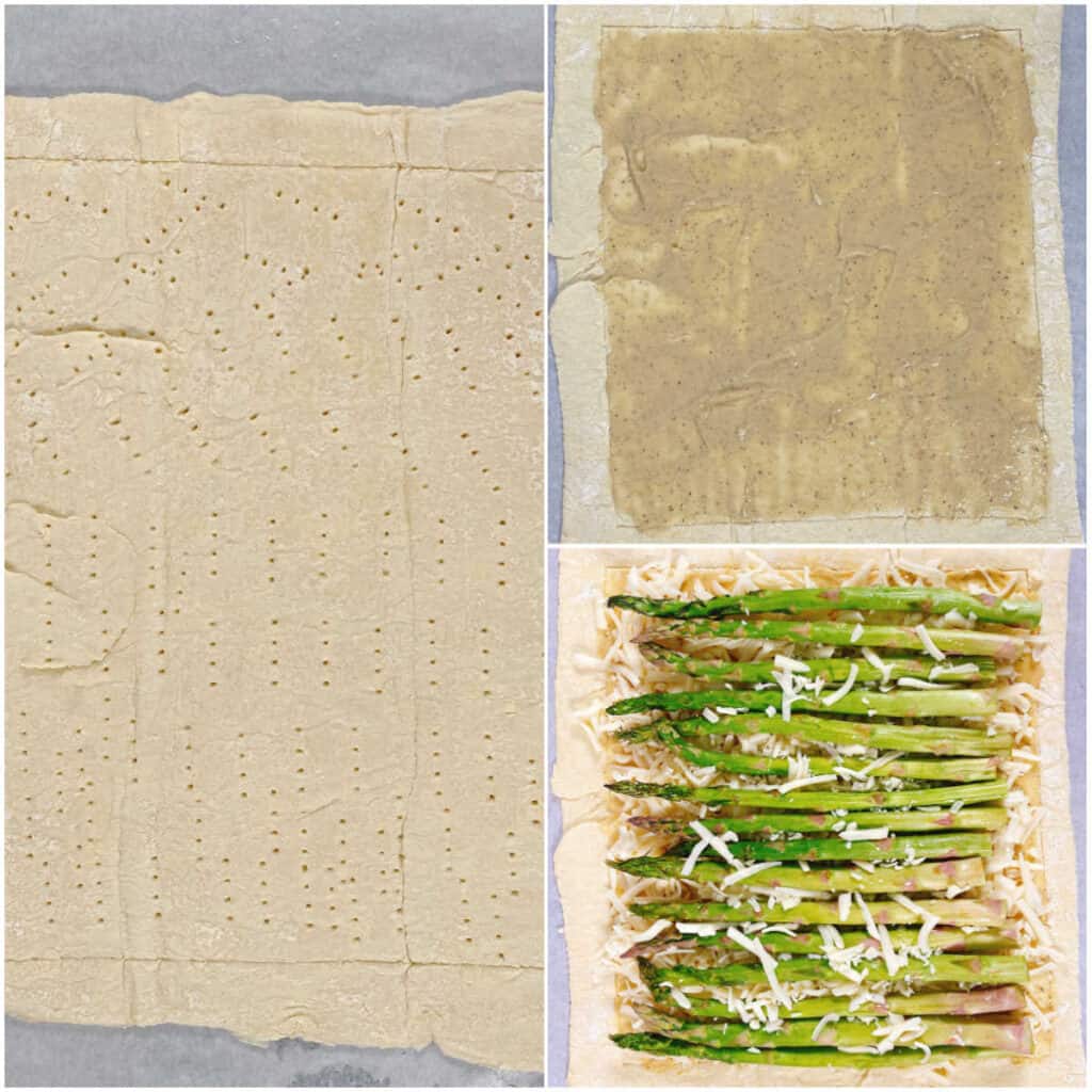 3 photo collage for the steps of making asparagus and gruyere tart. The left image is a rectangle, showing the puff pastry with the border scored and pricked with a fork to prevent the center from puffing up. Top right image is the sauce made of dijon mustard, honey and cream spread over the center of the puff pastry. The bottom right image is the cheese and asparagus laid in the center of the puff pastry prior to baking. 