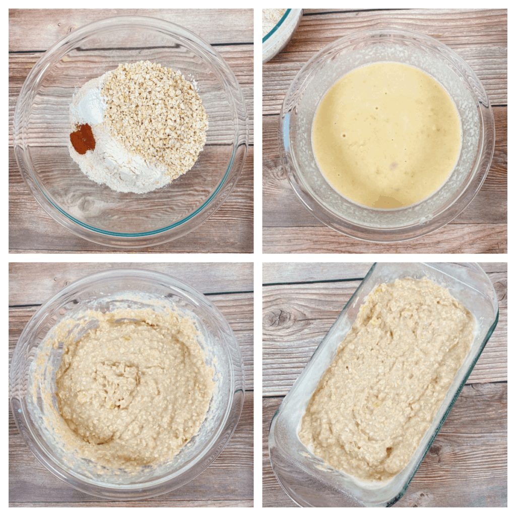 Four image collage of the steps to make this bread. Top left: try ingredients are mixed together. Top right: wet ingredients are mixed together. Bottom left: ingredients are combined. Bottom right: ingredients are transferred to a loaf pan. 