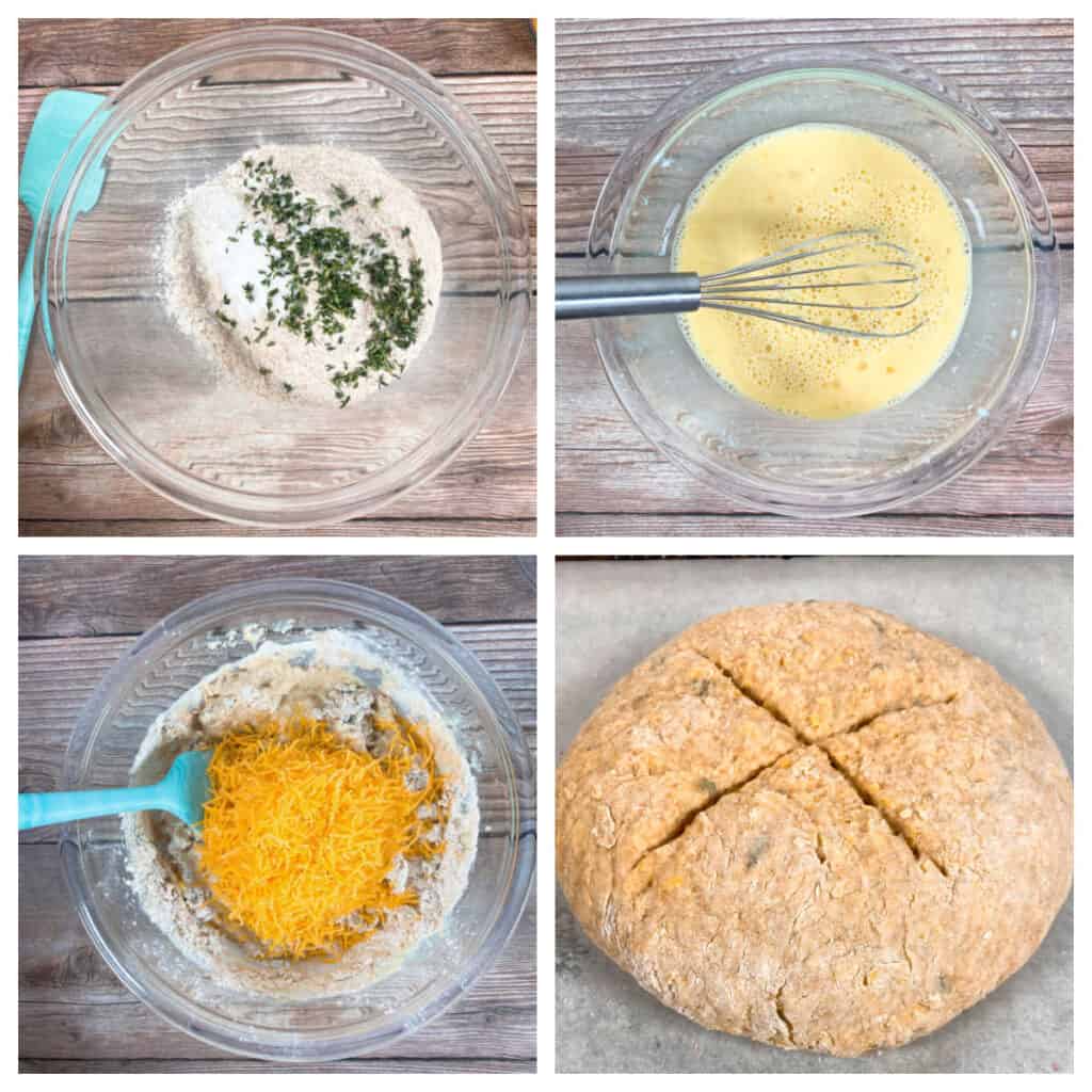 Four image collage of the steps for cheddar thyme irish soda bread. Top left: dry ingredients are mixed together. Top right: wet ingredients are mixed together. Bottom left: cheese is added. Bottom right: dough is formed and a cross cut into it. 