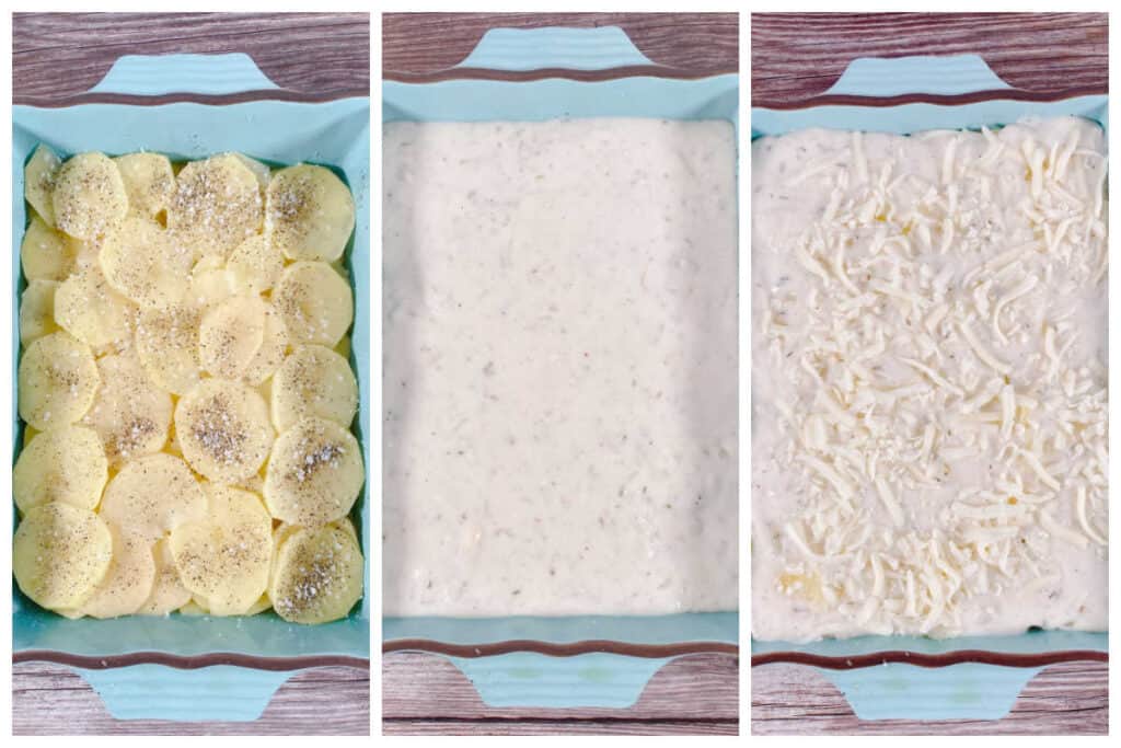 Three image collage to make this recipe. The first image is the thinly sliced potatoes, seasoned with salt and pepper, layered into a light blue baking dish. In the middle image the potatoes are covered with the cheesy sauce and in the third image additional cheese is spread on top of the sauce. 