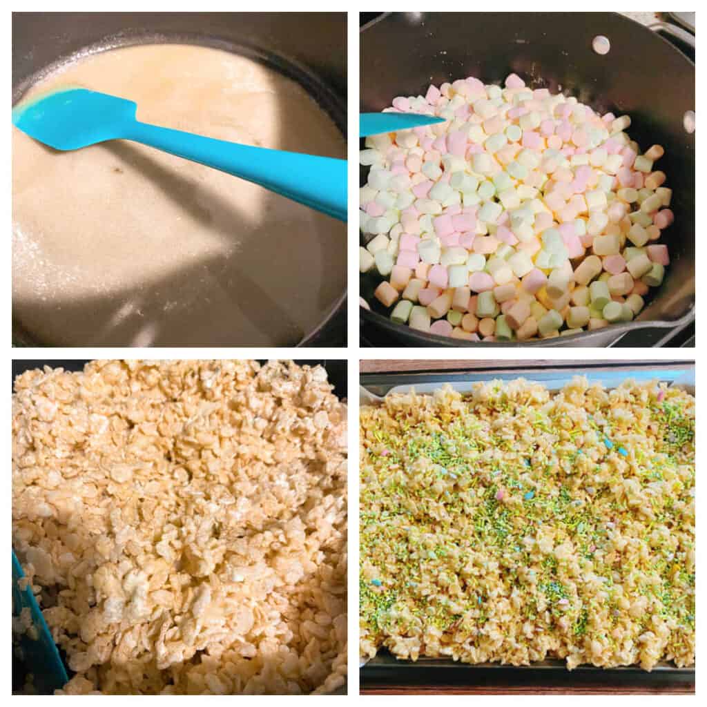 4 photo collage to make fruity easter rice krispies. Top left: melting the butter in a saucepan. Top right: adding the marshmallows. Bottom left: stirring in the cereal. Bottom right: pressing into a pan. 