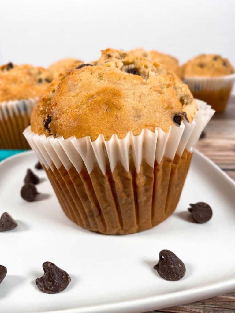 jumbo banana chocolate chip muffin sits on a white plate with chocolate chips scattered around it. In the background are additional muffins. 