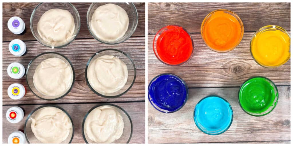 Two image collage. In the left image is the cupcake battered divided into bowls with the food coloring on the side of it. In the right image is the batter after the food coloring has been stirred in. 