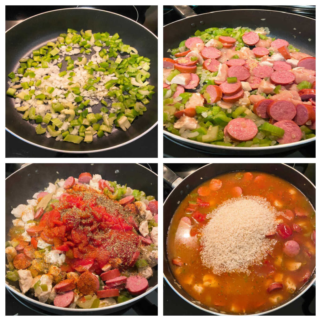 Four image collage of the steps to make jambalaya. Top left: sautéing green pepper, onions and celery in a large pot with olive oil. Top right: chicken and sausage are added to the pot. Bottom left: canned tomatoes, tomato sauce and seasonings are added. Bottom right: chicken broth, worcestershire sauce and rice are added to the pot. 