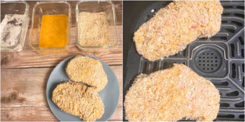 Side by side images showing the process of breading the pork and cooking it in the air fryer. 