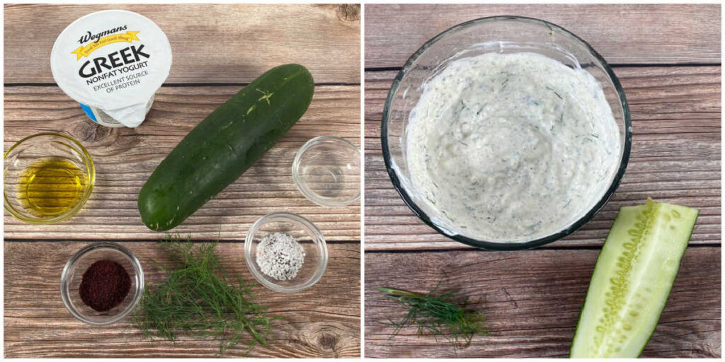 Side by side images for preparing the tzatziki sauce. Image 1: ingredients for sauce. Image 2: prepared sauce mixed in a bowl with a cucumber next to it. 