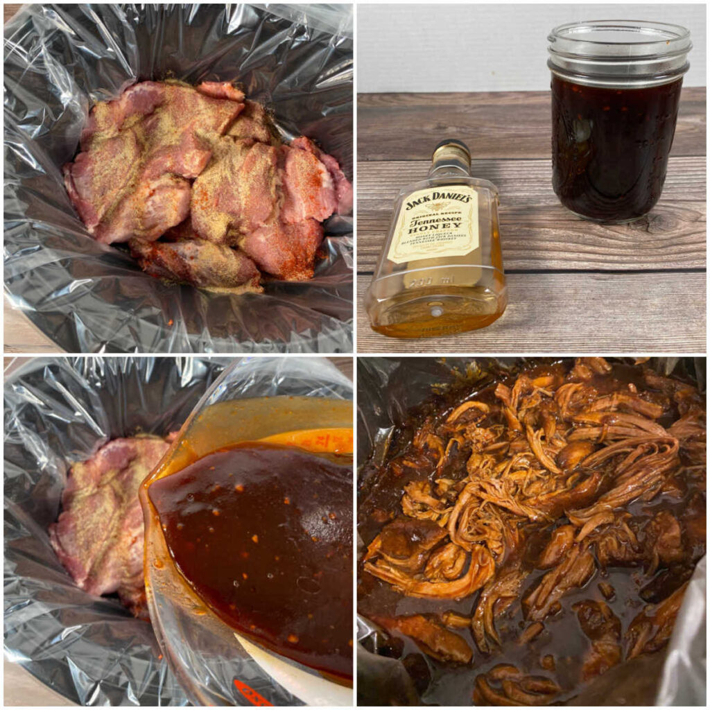 Collage of images showing the steps to make the pulled pork recipe in the slow cooker. 