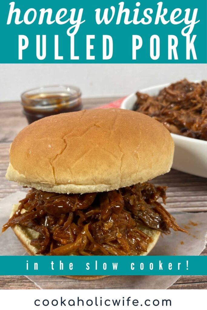 Image for Pinterest - text overlay at top of image with recipe name. Pulled pork sandwich sits in the foreground, bbq sauce and plate of more pulled pork in the background. 