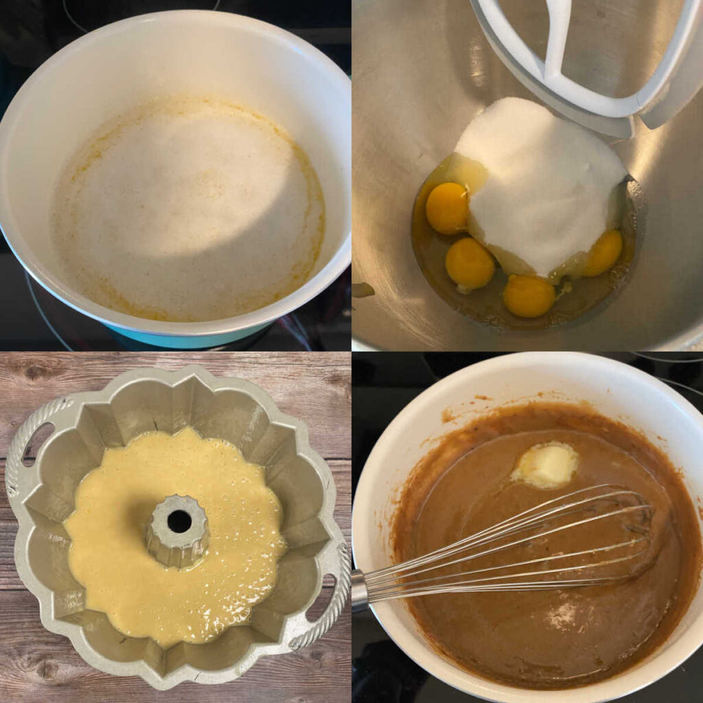 Four image collage of the steps to make the cake. Scalding the milk, mixing the eggs and sugar, the prepared batter in the bundt pan and making the frosting.