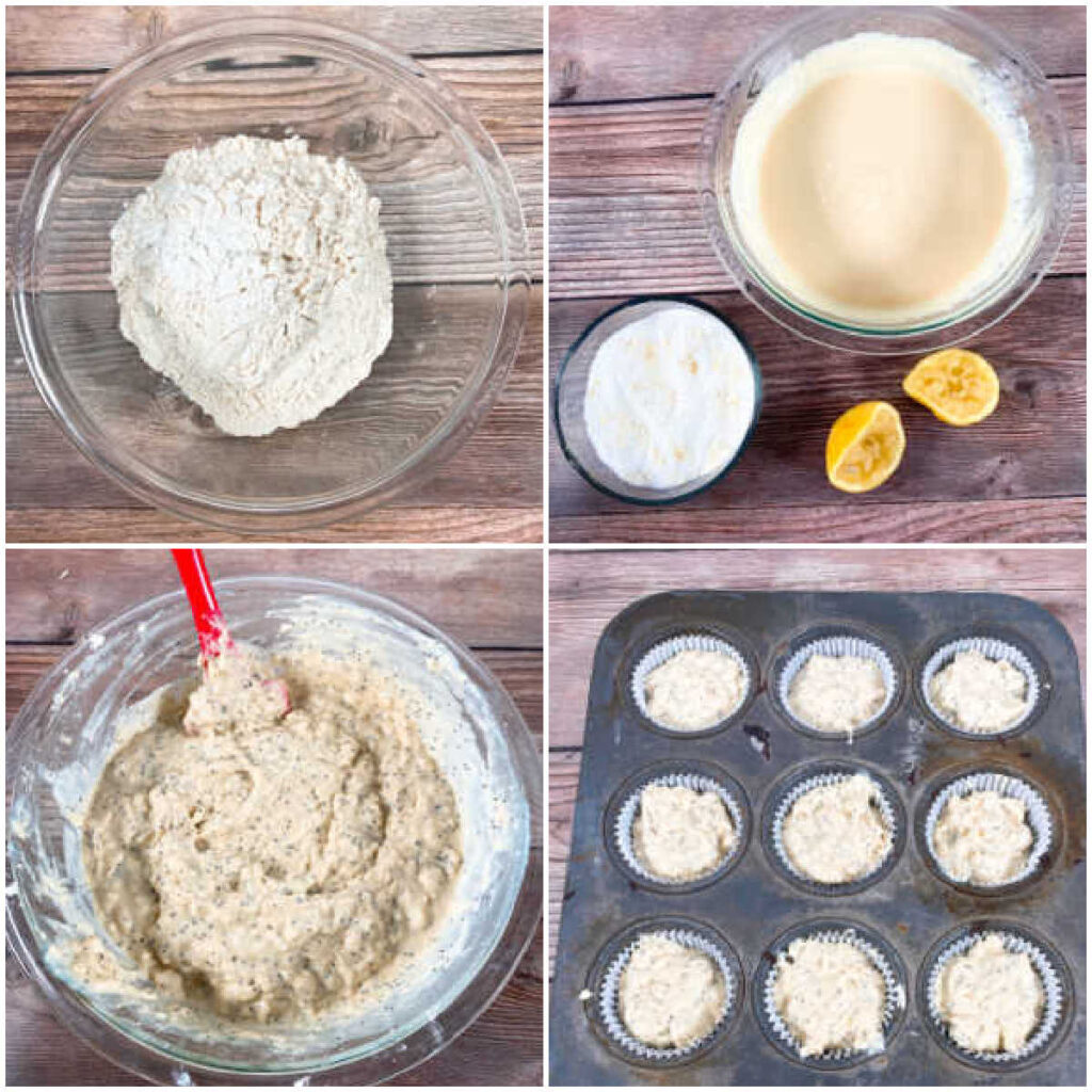 4 image collage of the steps to make the muffins. 